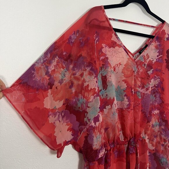 a.n.a Women Plus Size 2X Red Floral Flutter Chiffon Waist Tie V- Neck Blouse Top - Picture 8 of 11